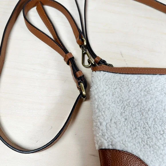 J.Jill  Winter's‎ Day Sherpa Fleece Leather Crossbody Handbag Cream Brown - Picture 2 of 7